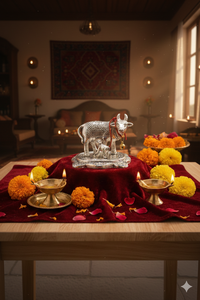 Artículos decorativos y de regalo: Pequeña vaca Kamdhenu con ternero, en plata pulida, para decoración del hogar, oficina y como recuerdo de boda. - Product Image 3