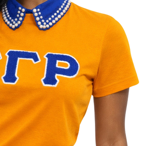 T-shirt en chenille dorée Sigma Gamma Rho pour femme, broderie de lettres grecques, mélange de coton, manches courtes, coupe décontractée et élégante - Product Image 3