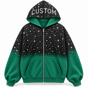 เสื้อฮู้ดดี้โอเวอร์ไซส์ผ้าฝ้ายแท้ 100% ประดับเพชร ซิปหน้า สีดำไล่ระดับขาว ดีไซน์เพชร เสื้อแจ็คเก็ตผู้ชายสำหรับฤดูหนาว - Product Image 2