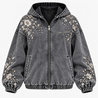 Blouson bomber gris en jean délavé pour femme avec broderie florale, manches lanternes et fermeture éclair – Collection automne – Vente en gros – Personnalisation OEM