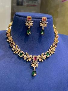 <b>Delicate</b> Afghan Gold Plated Starburst Floral Diamond Simulant <b>Necklace</b> Set With Intricate Filigree Work - Product Image 6