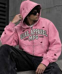 Sweat-shirt à capuche rose zippé Sial Apparel Mfg pour homme, style streetwear oversize, en molleton, avec clous et déchirures, 100 % coton, imperméable - Product Image 1