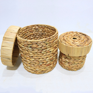 Water Hyacinth Woven <b>Storage</b> Basket Round Covered <b>Storage</b> <b>Box</b> Natural Tabletop Organizer for <b>Kitchen</b> Living Room - Product Image 1