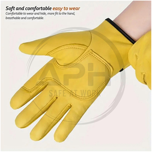 Custom Yellow Leather Work <b>Driver</b> <b>Gloves</b> Adjustable Wrist Fastener Black Trim Edge Utility Warehouse Driving Rigging Wear - Product Image 6