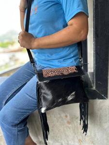 Hand Tooled Hair on Hide Fur Leather Fringe Handbag Stylish <b>Women</b> Colorful Tooling Leather Sling <b>Bag</b> Ideal Size Cross Body <b>Bags</b> - Product Image 4