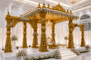 Premium Gold Carved Temple Style Wedding Mandap for USA Grand Tamilian Style Fiber Kalyana Mandapam For Destination weddings <b>UK</b> - Product Image 3