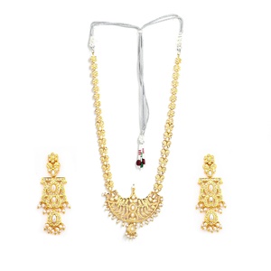 Pearl Long <b>Necklace</b> Haram Gold Plated South Indian Style Bridal <b>Necklace</b> and Earrings Wedding Jewelry Set Gift for Her - Product Image 2