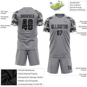Custom Sublimated Soccer Jersey Set Men's Gray Camouflage Short Sleeve Moisture Wicking Football Gear Team Name Number Printed - Product Image 3
