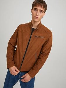 Trex Export <b>Men's</b> Brown <b>Suede</b> Moto <b>Jacket</b> Stand Collar Zipper Closure Regular Fit Autumn Wear Slim Style Solid Color - Product Image 1