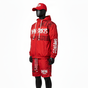 Conjunto corto de chaqueta cortavientos ligera de poliéster para hombre, tela transpirable, diseño de paneles rojo y negro, logotipo impreso personalizado, talla grande - Product Image 4