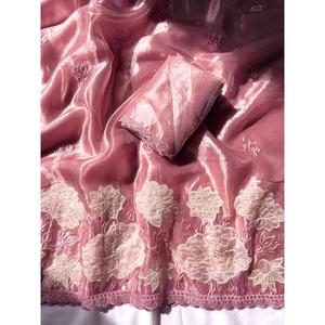 Sari de Diseño ELITE WEAVES Oris de Seda con Apliques Rosas, Sari Indio Tradicional Elegante para Invierno/Verano - Product Image 1