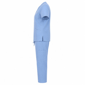 Women Light Blue V-Neck <b>Scrub</b> <b>Set</b> With Pockets Hospital Uniforms Woven Polyester Cotton Pants and Top - Product Image 3