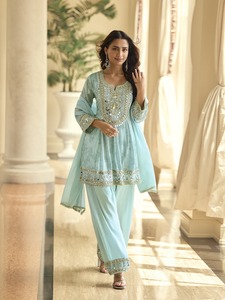 Dhwaja Export <b>Sky</b> Blue Silk Readymade Suit with Real <b>Mirror</b> Hand Work - Product Image 3