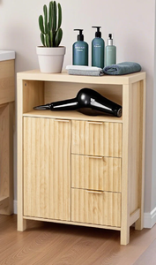 NOUVEAU Meuble de rangement moderne en chêne clair cannelé avec étagère ouverte, 1 porte et 3 tiroirs, buffet en bois pour salon et entrée - Product Image 4