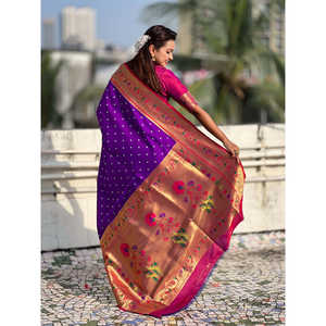 <b>Purple</b> Fusion Silk <b>Saree</b> with Zari Woven Bandhani Paithani Women's Set - Product Image 4