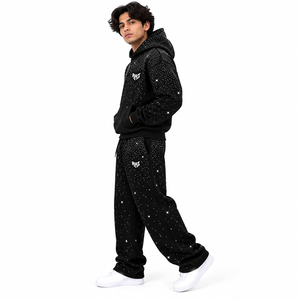 Men's Luxury Fleece Rhinestone <b>Hoodies</b> Jogger Set <b>Black</b> Oversized Streetwear Sparkly Tracksuit Custom OEM Private Label <b>Hoodies</b> - Product Image 2