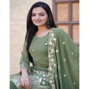 Traje Sharara de Poliéster de Diseño con Bordado de Lentejuelas para Boda, Tipo Salwar Kameez - Product Image 3