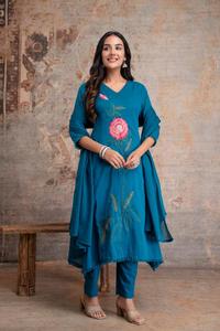 Women's Yellow Floral Embroidered Cotton <b>Kurti</b> & Pant with Dupatta Set Casual Traditional Wear Spring Summer Style - Product Image 3
