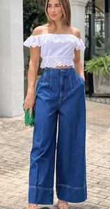 Jean en denim taille haute à jambe large pour femme, coupe ample, longueur intégrale, en coton délavé, style décontracté printemps - Product Image 2