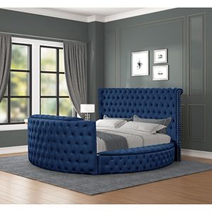 Letto matrimoniale in stile moderno con design trapuntato in cristallo, struttura in legno e rivestimento blu. - Product Image 2