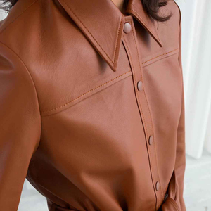 Womens PU Leather Long Sleeve Button Collar Slim Fit Casual Top Soft Faux Leather <b>Blouse</b> Fashion Clothing Stylish - Product Image 5