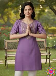 Tunique en coton moutarde pour femmes avec broderies sur le col et les poignets, coupe classique, tenue décontractée traditionnelle indienne pakistanaise - Product Image 5