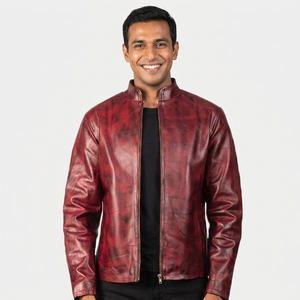 Blouson en cuir pour homme avec col montant, couleur unie, fermeture éclair, style décontracté pour le printemps et l'automne - Product Image 6