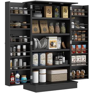 Modern Freestanding <b>Kitchen</b> <b>Pantry</b> Cabinet 12 Door Shelves with 5 Tier Shelving Double Doors Durable MDF Wood Black in Color - Product Image 1