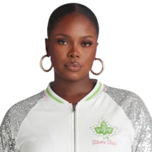 AKA Silver Star <b>Sequin</b> Bomber <b>Jacket</b> Women White Zip Up Coat Sparkle Sleeve Stylish Greek Sorority Casual Fashion Outerwear - Product Image 3