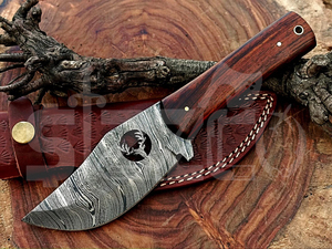 Cuchillo de caza OEM Wirecut de acero de Damasco, cuchillo Skinner con mango de madera, hoja fija para camping, cuchillo EDC para exteriores con funda de cuero - Product Image 3
