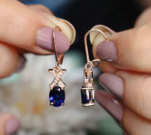 Pendientes Colgantes de Zafiro Azul con Moissanita, Estilo Art Deco, Plata de Ley 925, Chapados en Oro Rosa de 14K, Joyería para Mujer - Product Image 1