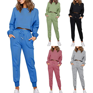 Women Solid Green <b>Crop</b> Top and <b>Jogger</b> Pants Set CasualTracksuit Full Sleeve Crew Neck Drawstring Side Pockets 100% Cotton - Product Image 5