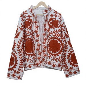 New Style Short Quilted Knitted Floral Embroidery Bomber <b>Duster</b> Handmade Suzani Women Wear Cotton Suzani Coat - Product Image 1