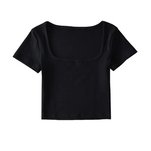 Women's Cropped <b>T</b>-Shirt Short Sleeve <b>Square</b> Collar Solid Color Casual Style Knitted Slim Fit Spring Summer Wear - Product Image 3
