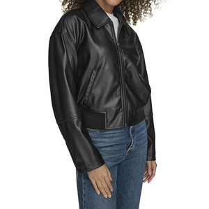 Chaqueta bomber de cuero PU negra para mujer, estilo vintage, imitación cuero, con cuello extendido, cierre de cremallera, estilo motociclista, informal. - Product Image 3