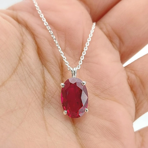 Women's Oval Ruby Pendant Necklace <b>Silver</b> Plated Stainless Steel Claw Setting Box <b>Chain</b> Classic Everyday Jewelry July Birthstone - Product Image 5