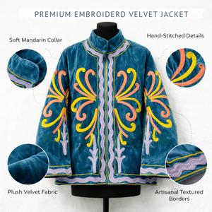 Blouson bomber en velours bleu turquoise brodé à la main pour femme, vêtement de mode hivernal - Product Image 3