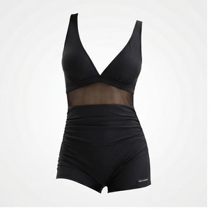 Women's Black Deep V Neck One-Piece Swimsuit With Mesh Cutout And Tummy Control Shorts - Product Image 1