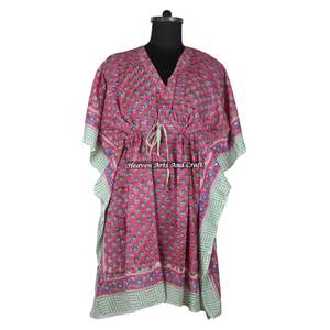 100% Cotton Women's Kaftan Dress Hand Block Printed Short Caftan Light Weight Casual Occasion Wear Natural ODM Model KFCS155 - Product Image 6