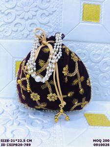 Bolso Potli de terciopelo bordado a mano con asa de perlas |   Bolsa con Cordón para Novia India |   Bolso de mano étnico para fiesta de bodas - Product Image 2