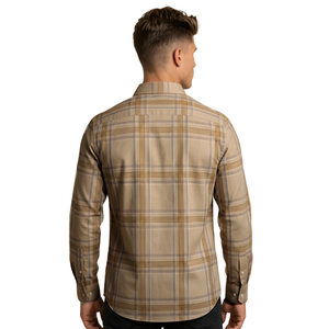 Camisa Casual a Cuadros para Hombre, Color Beige Camel, Manga Larga, con Botones, Tela Suave de Poliéster/Algodón Cepillado, Ecológica y de Secado Rápido - Product Image 2