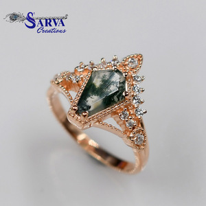 Anillo de compromiso y boda vintage de plata de ley chapada en rodio con gema de ágata musgosa natural, forma de ataúd, hecho a mano, llamativo - Product Image 3