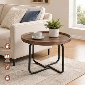Table basse ronde moderne en bois avec pieds croisés en métal noir, table centrale rustique en bois grainé pour salon et chambre - Product Image 6