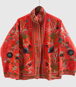 Hand Embroidered Floral Velvet Jacket Mandarin Collar Full Sleeve Women'<b>s</b> Plus Size Winter Wear - Product Image 1