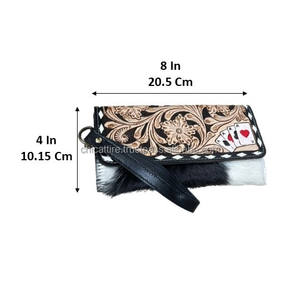 Nouvelles pochettes pour femmes en cuir de vache véritable, faites à la main, style western, avec motifs floraux et de cartes à jouer en relief, ODM OEM - Product Image 2