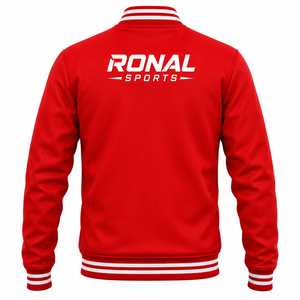 เสื้อแจ็คเก็ตวาร์ซิตี้สีแดงสำหรับผู้ชาย RONAL SPORTS พร้อมแถบสีขาวและโลโก้พิมพ์ด้านหลัง ทรงปกติ คอปกพับ ปิดด้วยซิป - Product Image 2