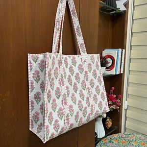 Bolsa de Mano de Lona con Estampado Floral, Patrón Rosa y Blanco, Bolsa de Compras Grande, Estilo Elegante, para Todas las Temporadas - Product Image 3