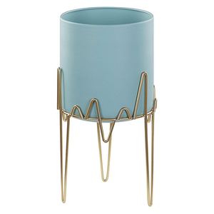 Macetero Metálico Azul Cielo Moderno con Elegante Soporte de Alambre Dorado, Maceta Cilíndrica Decorativa para Plantas de Interior, Sala de Estar - Product Image 1