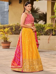 Yellow Embroidered <b>Sequin</b> Lehenga With Pink <b>Crop</b> <b>Top</b> And Dupatta Bridesmaid Dress A-Line Floor-Length Spaghetti Strap Scoop Neck - Product Image 2