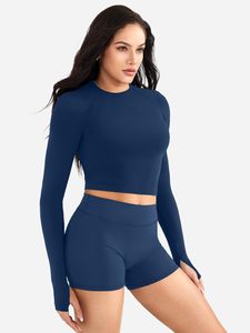 Womens Yoga <b>Long</b> Sleeve Top With Scrunch Butt Shorts Sets 2 Piece Summer Casual Solid Crew Neck <b>Matching</b> T-shirt Set For Running - Product Image 2